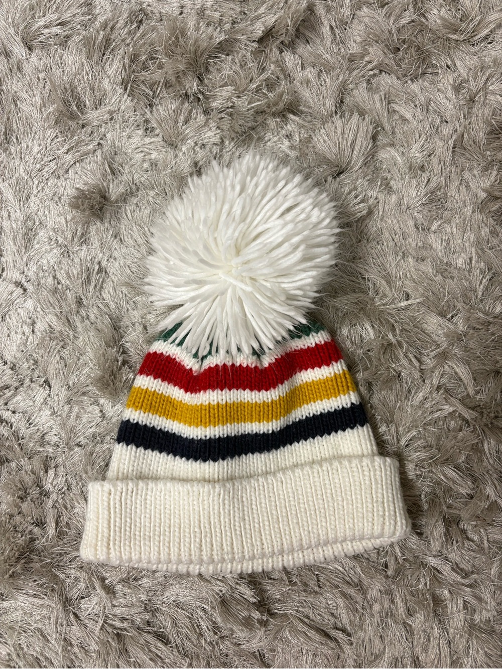 Kids HBC White Pom Pom Beanie with Multicolor Stripes